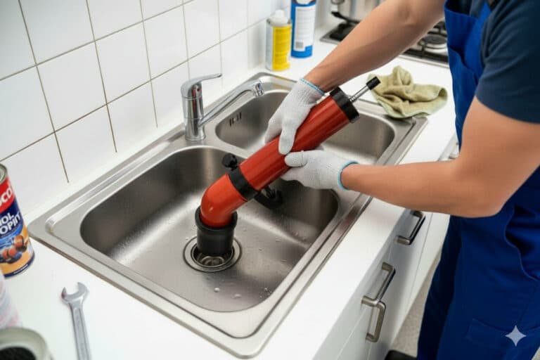 Évier débouché après intervention avec pompe manuelle