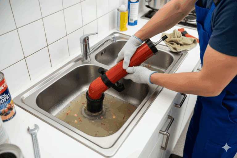 Évier bouché avant intervention avec pompe manuelle