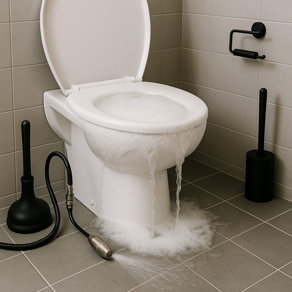 Intervention débouchage WC et toilettes — équipement plombier et accès à la cuvette, Aprime Fluides