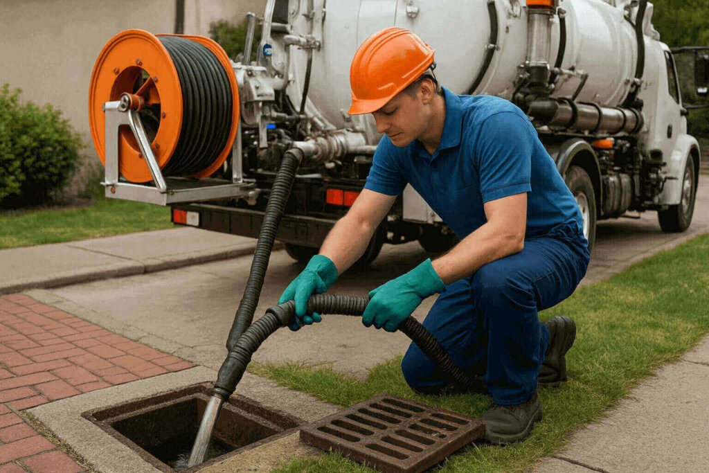 Technicien effectuant un débouchage de canalisation à haute pression – intervention rapide pour tuyaux bouchés