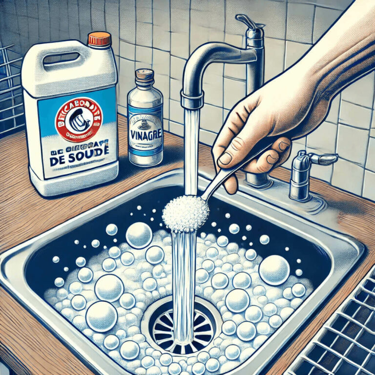 Bicarbonate de soude versé dans un lavabo pour déboucher naturellement les canalisations